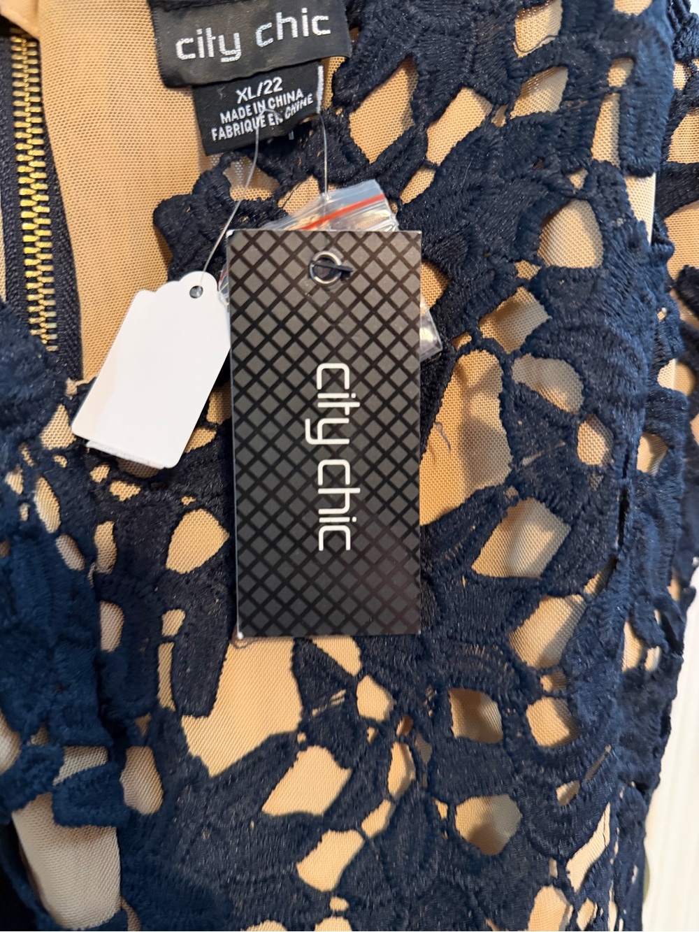 City Chic Navy Lace Overlay Dress with Nude Lining - Picture 5 of 10